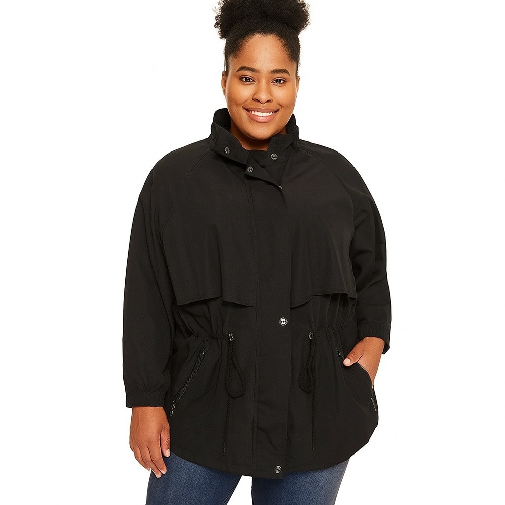 London Fog Coat 1X Black Zip‎ Up Cape Style High Collar Elastic Waist Classic